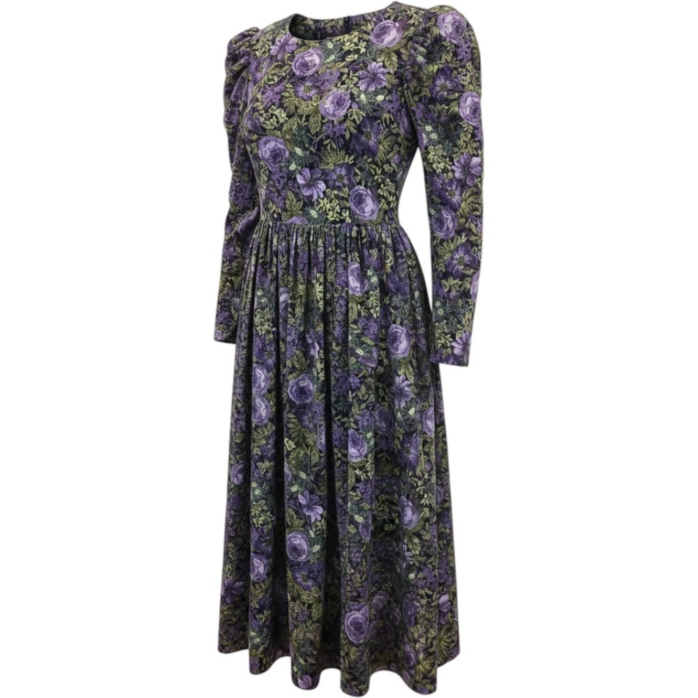 Vintage Laura Ashley Purple Floral Corduroy Midi Dress Puff Sleeve USA 8 Cottage